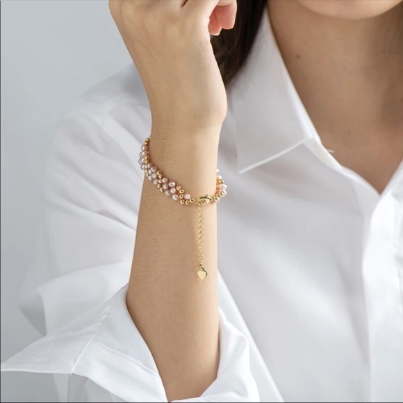 14K Gold Filled layered Bracelet 4-5mm Pink Pearl hypoallergenic tarnish free - Picture 6 of 7